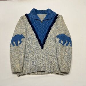 Vintage 1950s Wool Knitted Cowichan Sweater Serval Zipper Sweater Bear Motif